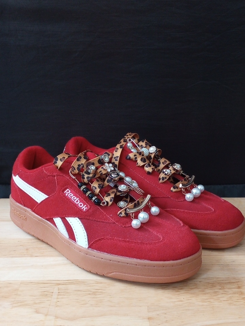 Reebok Women’s Red Suede Sneakers with Leopard Bead Embellishments